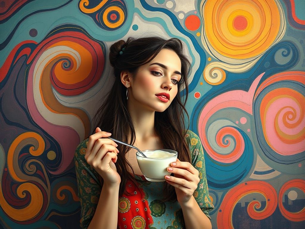 Woman Lost in Whimsical Yogurt Dreamscape