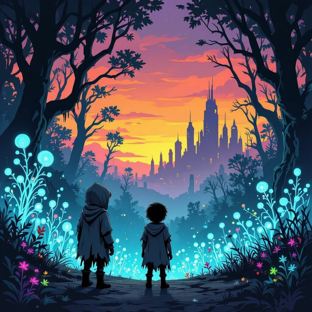 Child in Glowing Forest Before Dystopian City