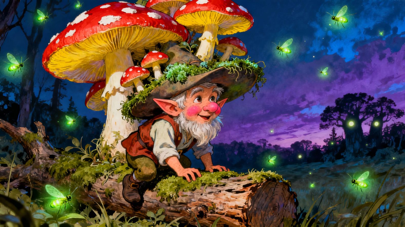 Mischievous Gnome with Vibrant Mushroom Hat in Twilight Fore...