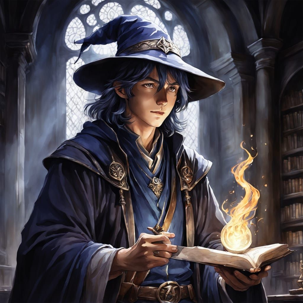 Anime Wizard Boy Reading Spellbook in Watercolor