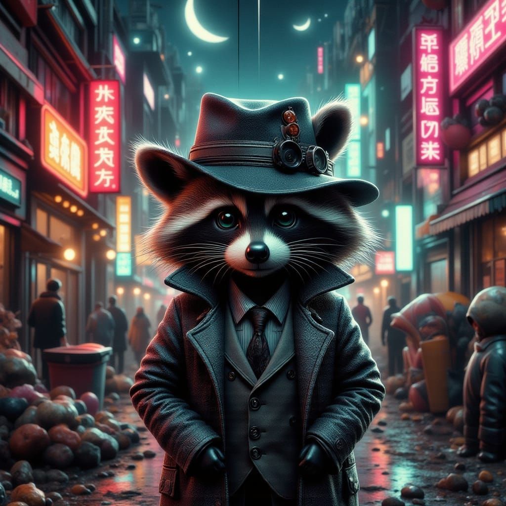 Raccoon Detective in Neon Alleyway, Hyperrealistic Style