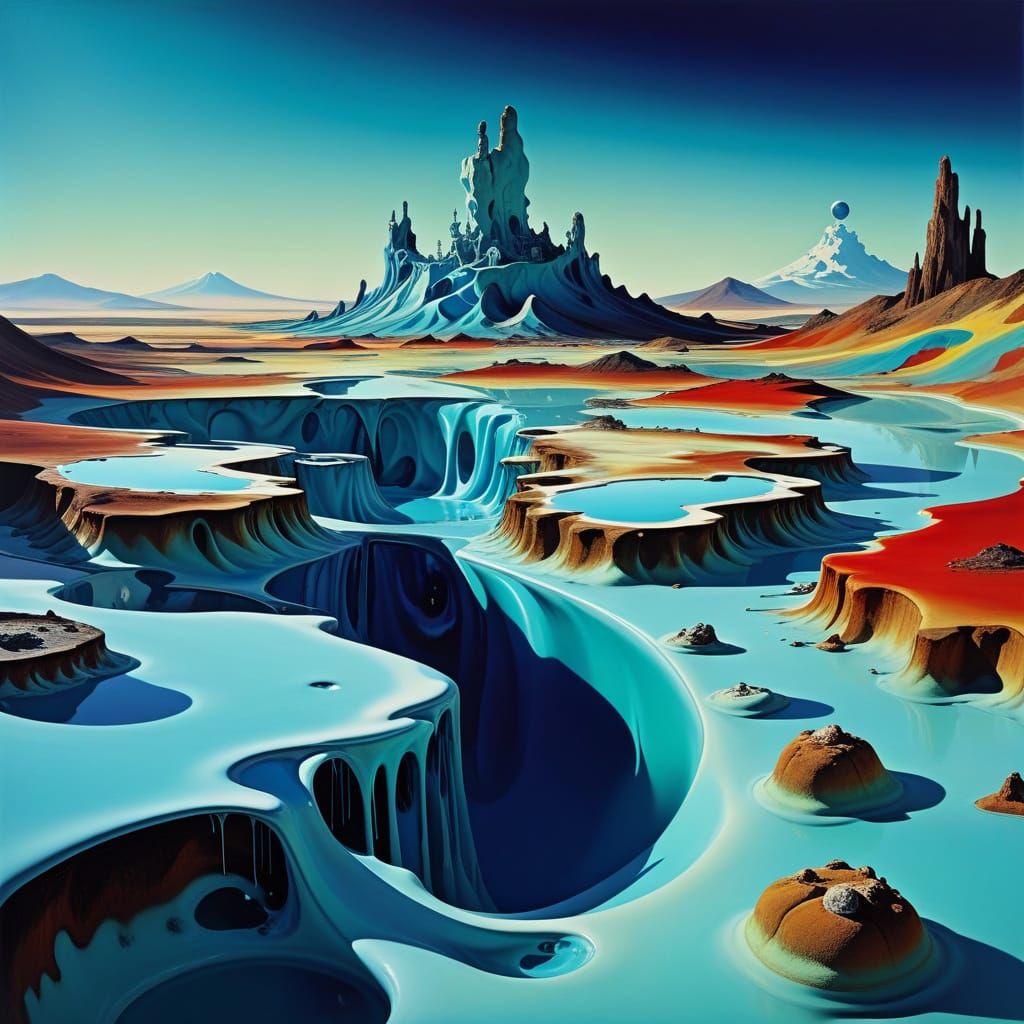 Surreal Melting Objects in Vibrant, Eerie Landscape