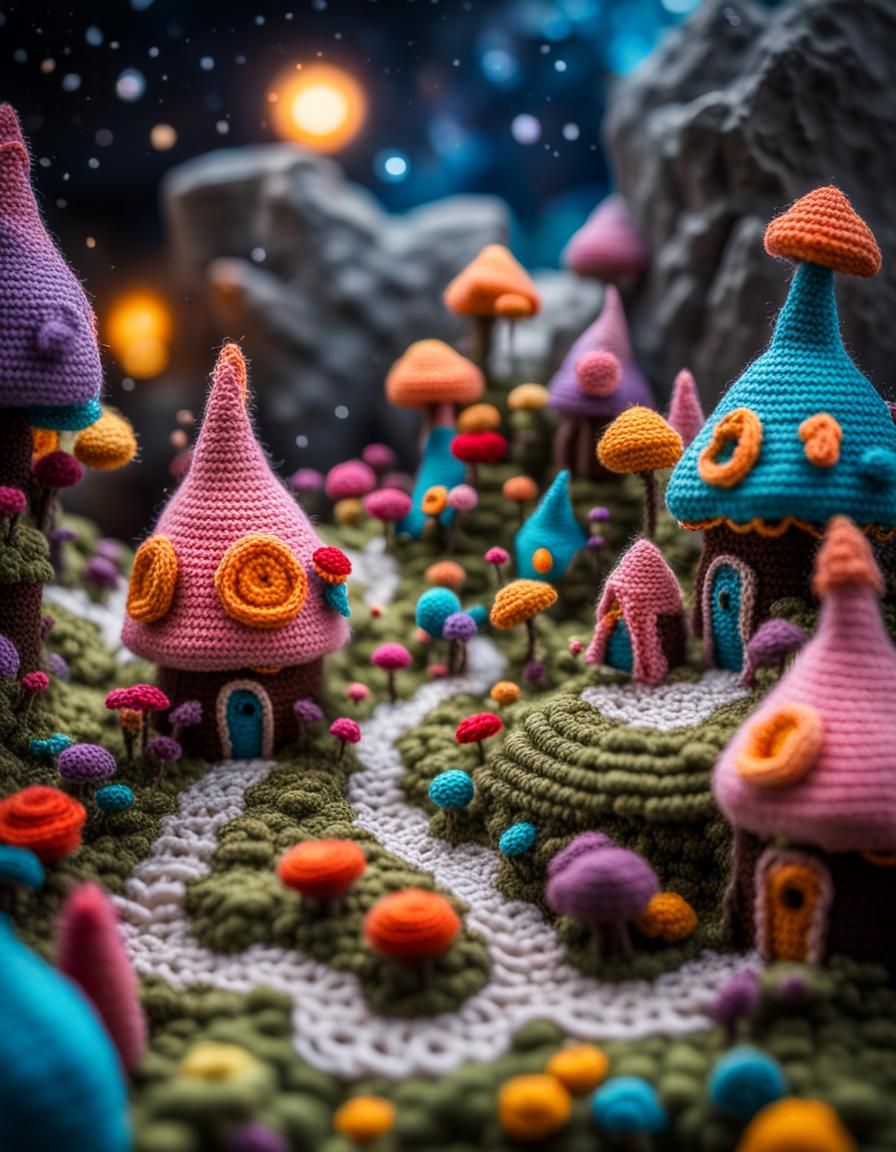 Detailed Crochet Cosmic Fairy Village in 8K