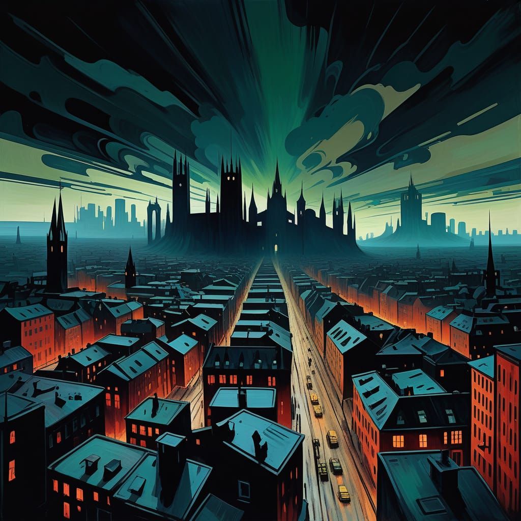 Expressionist Metropolis in Eerie, Sickly Colors