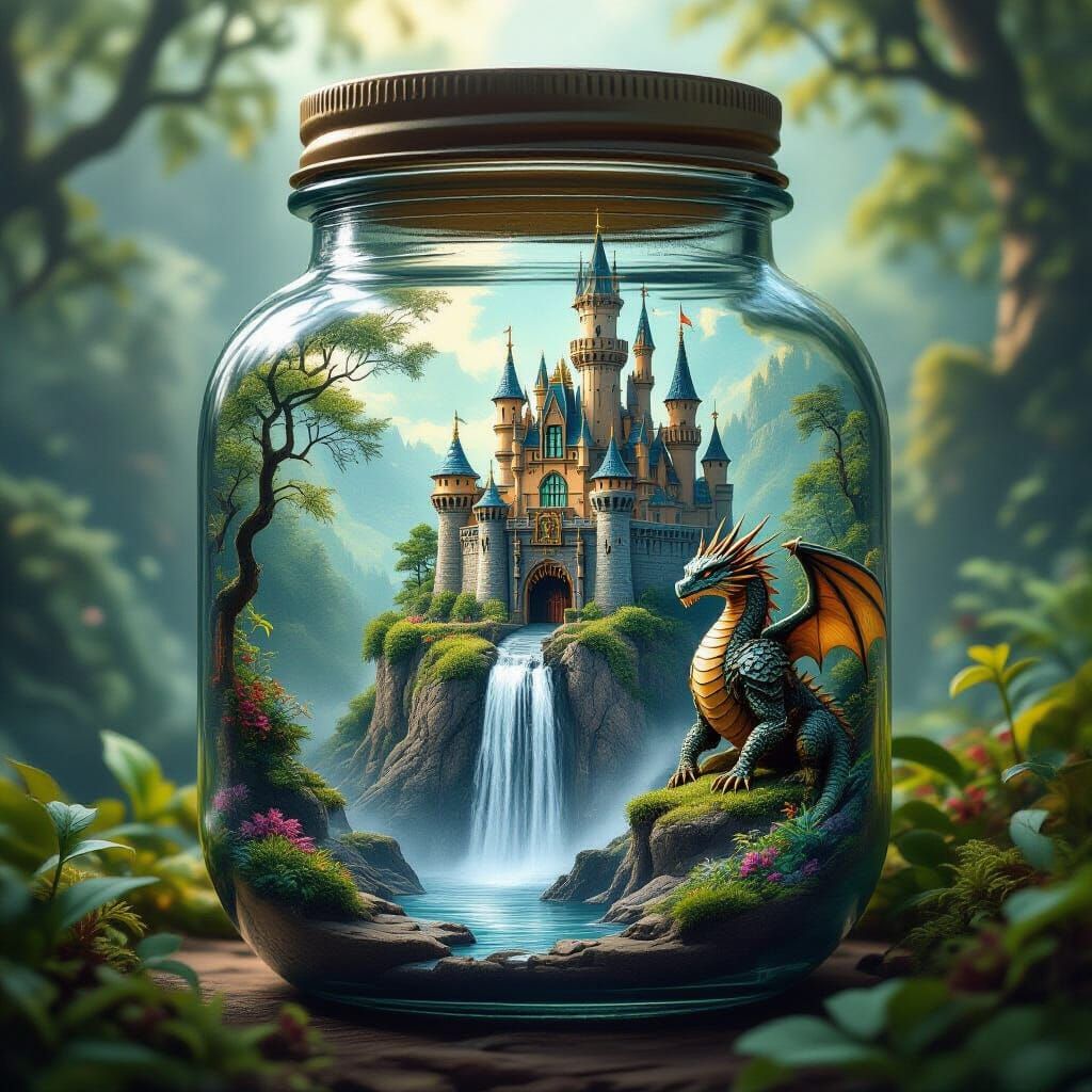 Enchanted Waterfall Scene Inside Glass Jar