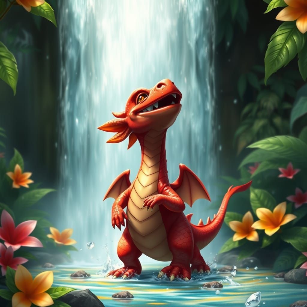 Vibrant Red Dragon Plays in Waterfall's Misty Veil