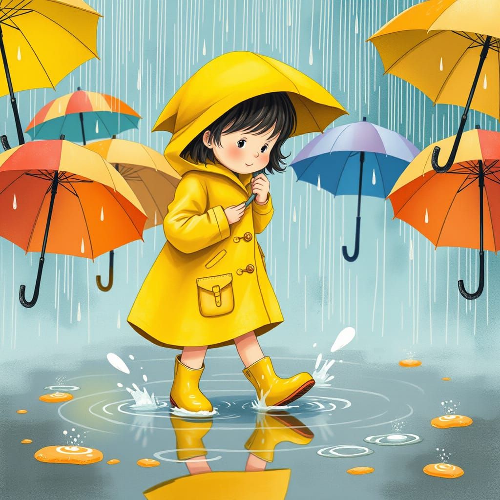 Girl Splashing in Puddles in Beatrix Potter Style