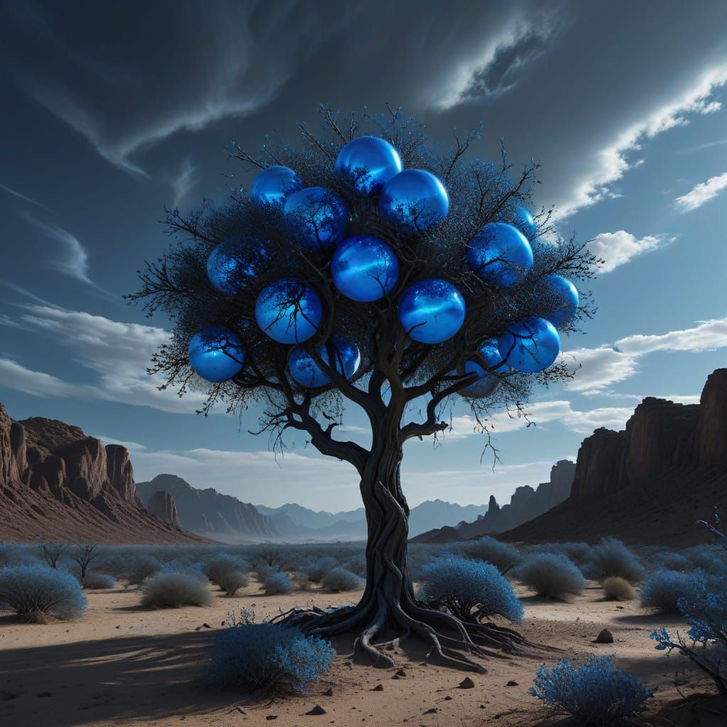 Glowing Blue Orbs Surround a Lone Tree in a Desert Landscape