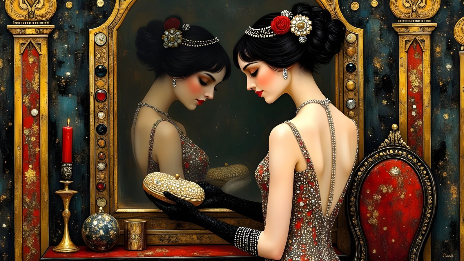 1920s Woman in Klimt Style Prepares for Evening