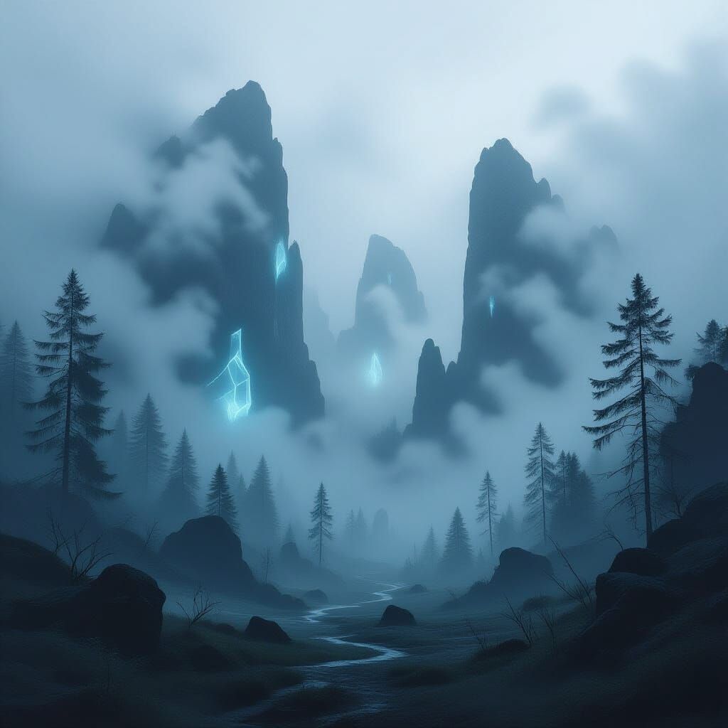 Surreal Fog Sculptures in Alien Forest with Bioluminescent F...