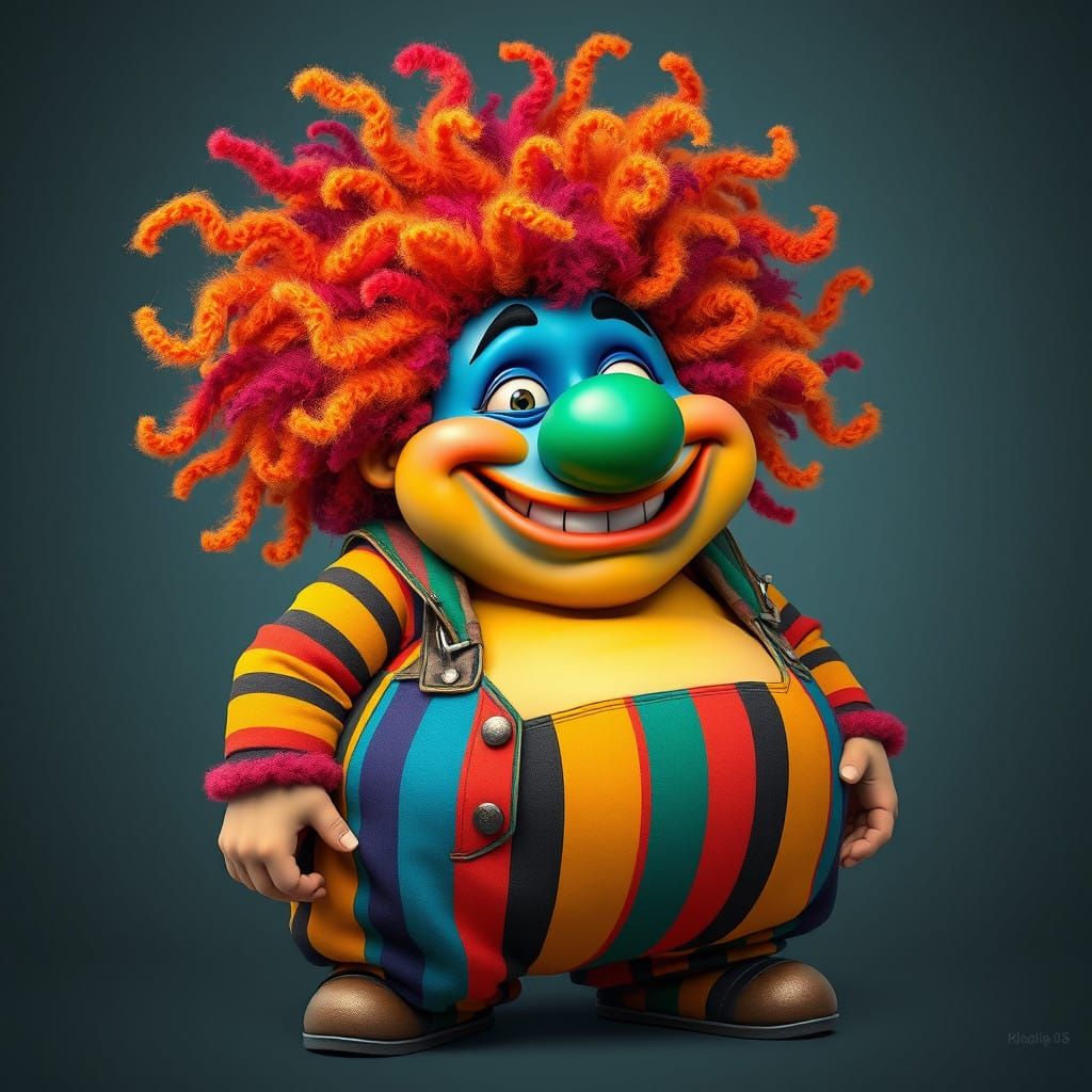 Vibrant, Chubby Cartoon Character with Wild Hair and Eclecti...