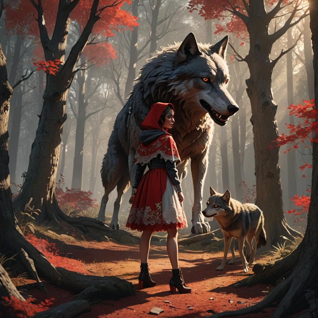 Little Red Riding Hood and Wolf in Forest