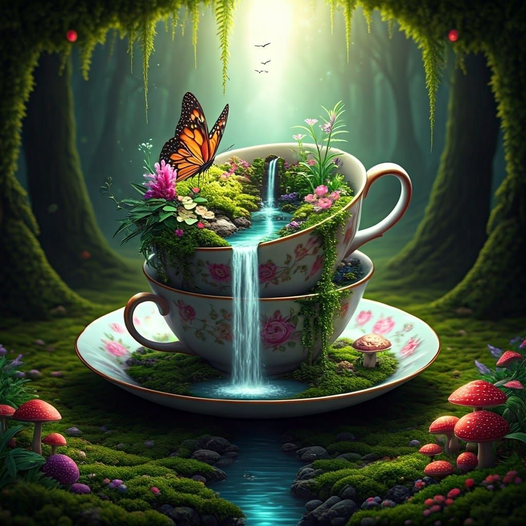 Butterfly Sipping Tea in Fairy Garden Ecosystem