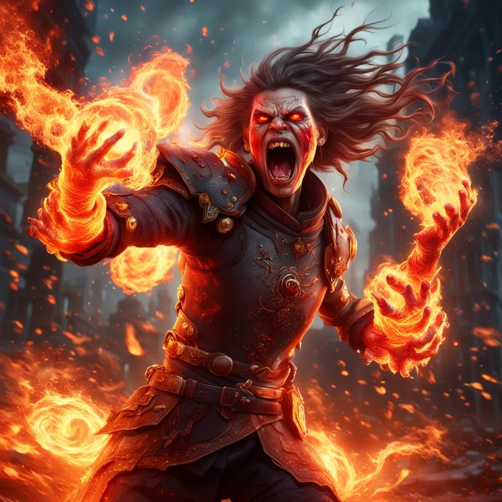 Girl's Ultimate Rage: Flaming Aura in Digital Art