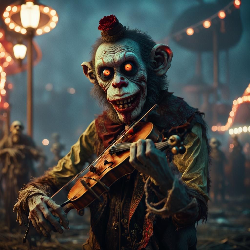 Zombie Monkey Clown Fiddler in Abandoned Carnival