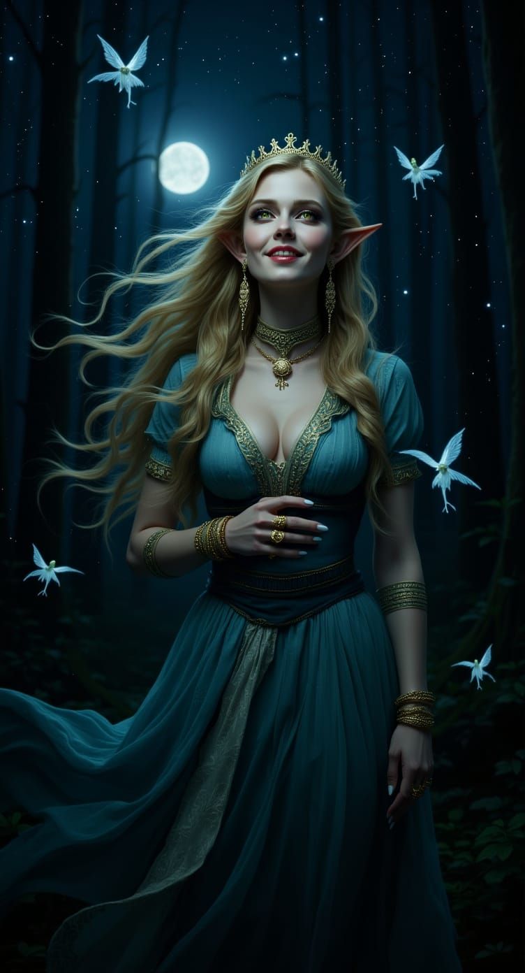 Elf Woman in Moonlit Forest with Pixies