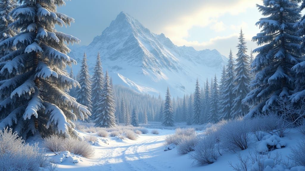 Surreal Winter Mountain Forest in Hyper-Realistic Style