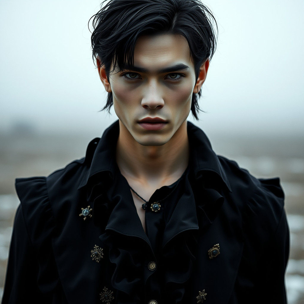 Gothic Man in Wind-Swept Landscape, Photorealistic Style