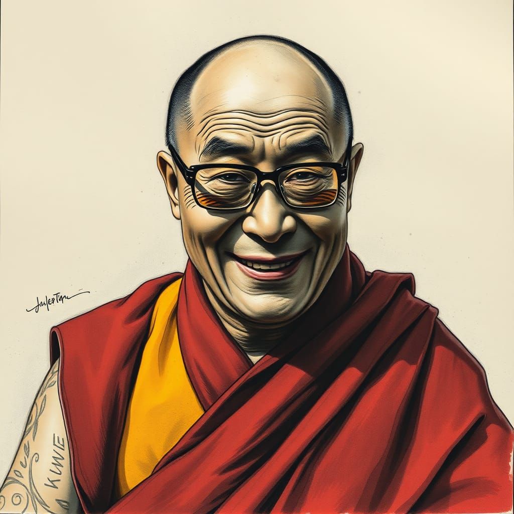 Playful Dalai Lama Portrait in Alcohol Ink Style