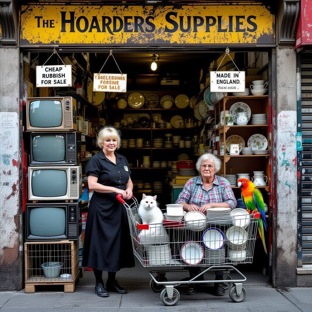 Victorian Shop Scene with Lady and Hoarded Plates