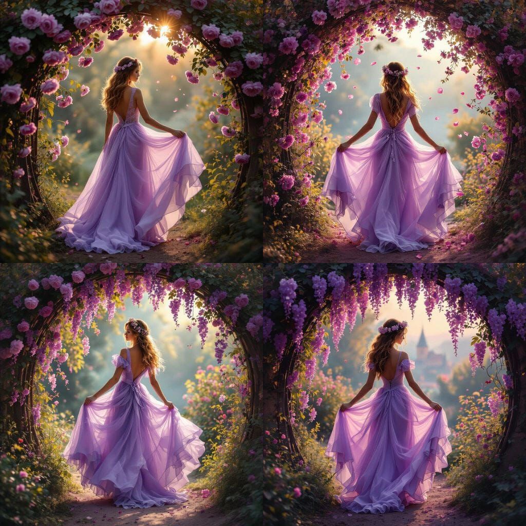 Enchanting Fairy in Purple Tulle Dress with Rose Arch