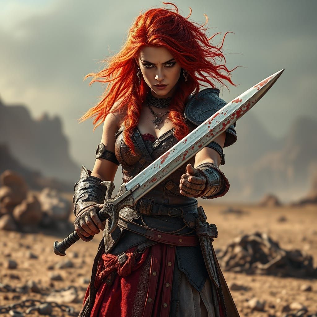 Triumphant Fantasy Warrior Woman in Post-Apocalyptic Desert