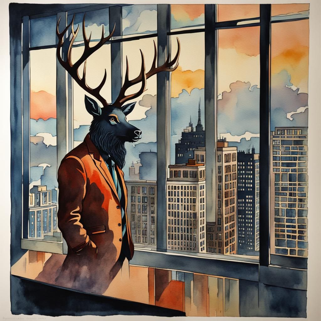 Watercolor Wendigo in High-Rise Silhouette