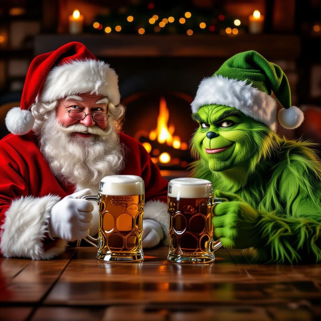 Santa Claus and Grinch Share Beer by Firelight