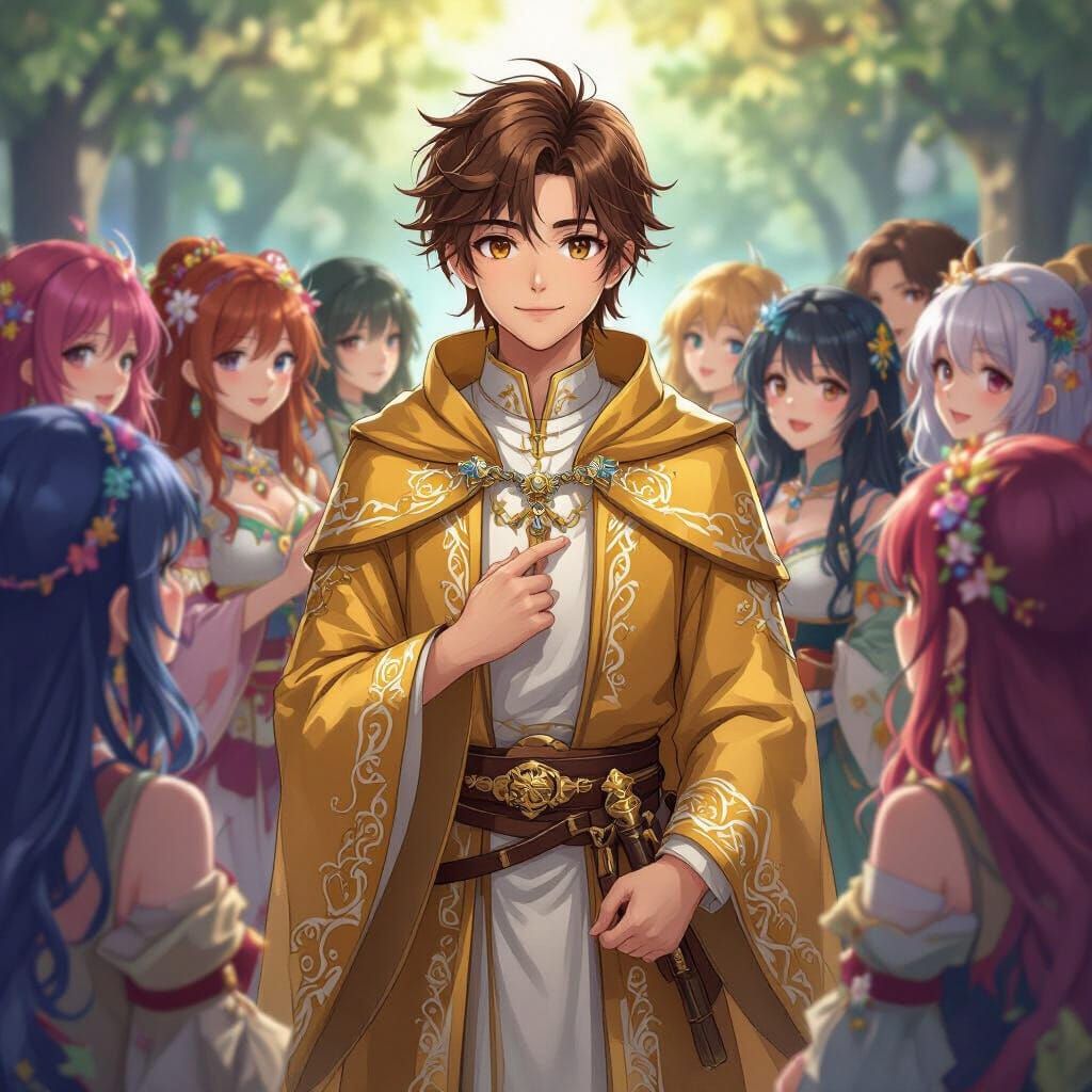 Wizard Surrounded by Anime-Style Female Fans