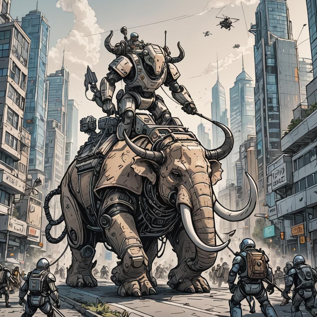 Doodle-Style Robot Archers on Mammoths in Cityscape