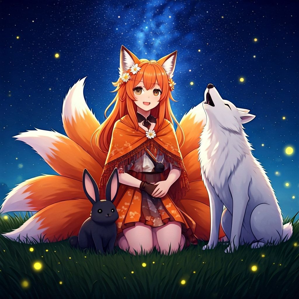 Anime Fox Girl and Wolf Under Starry Sky