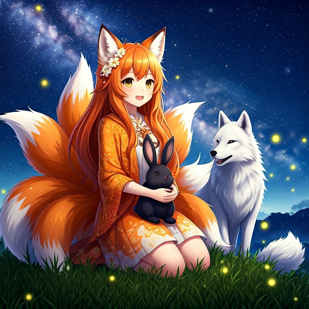 Anime Fox Girl, Wolf, and Bunny Under Stars