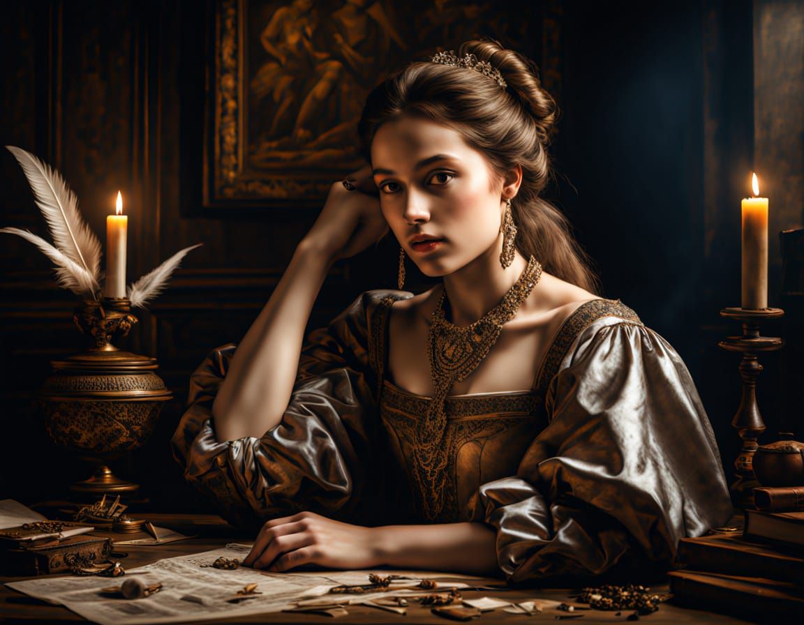 Elegant Lady in Golden Light, Renaissance Oil Painting