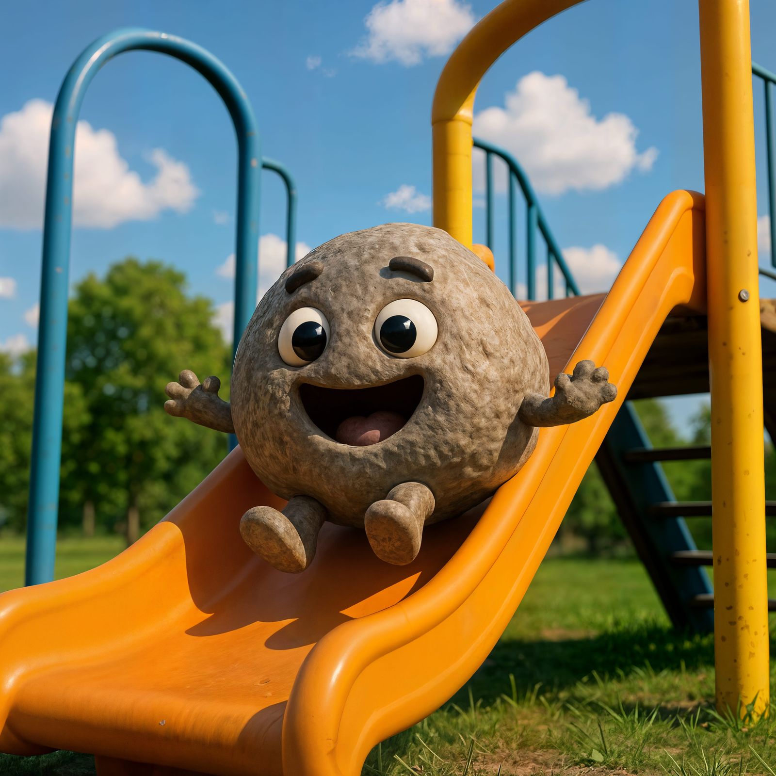 Happy Cartoon Rock on Playground Slide