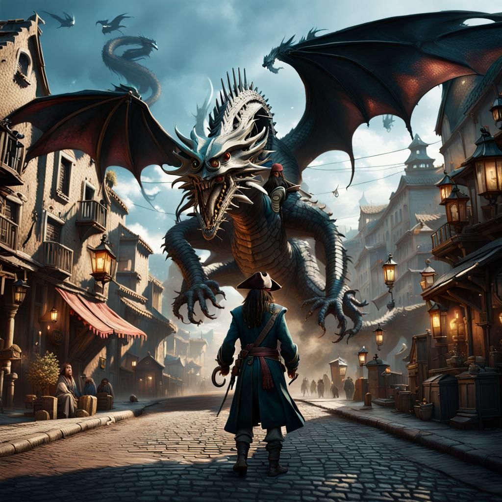 Jack Sparrow Confronts Dragon: Detailed Matte Painting