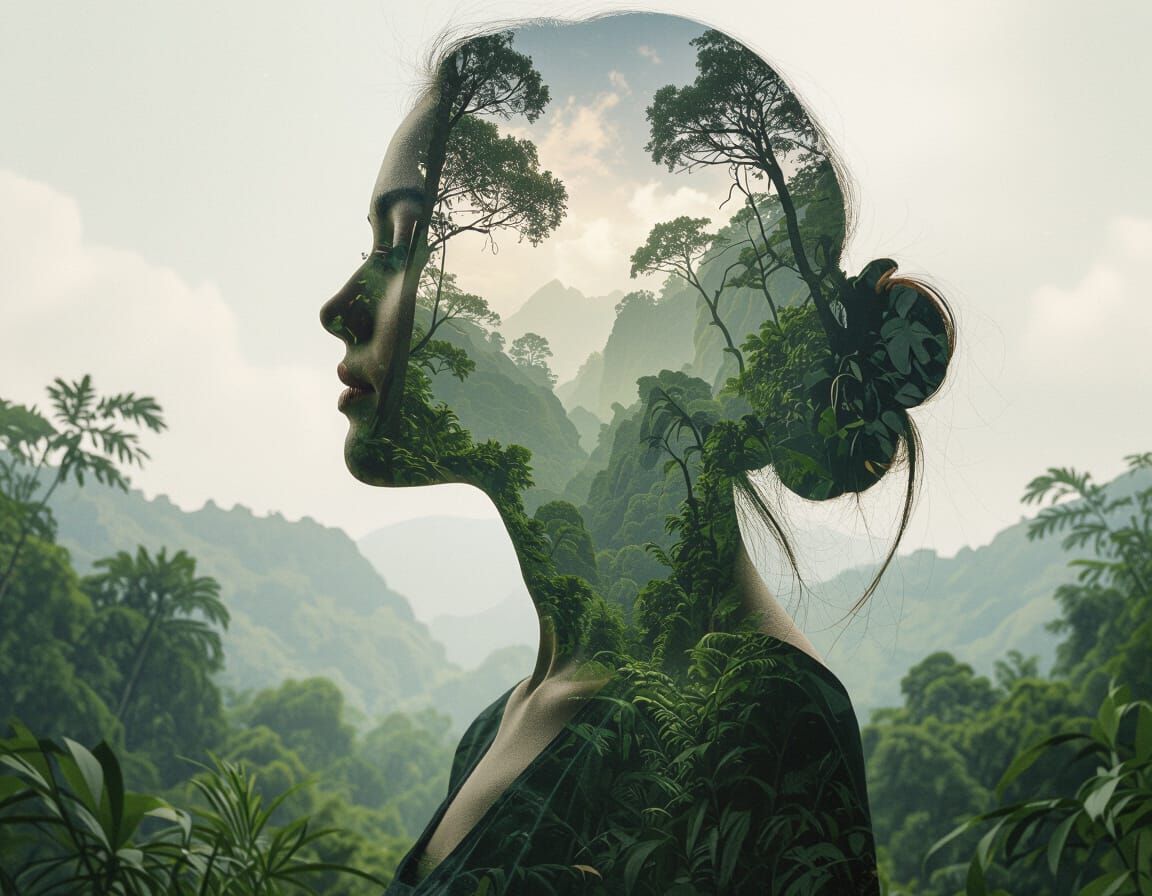 Woman's Face Silhouette Merged with Lush Jungle