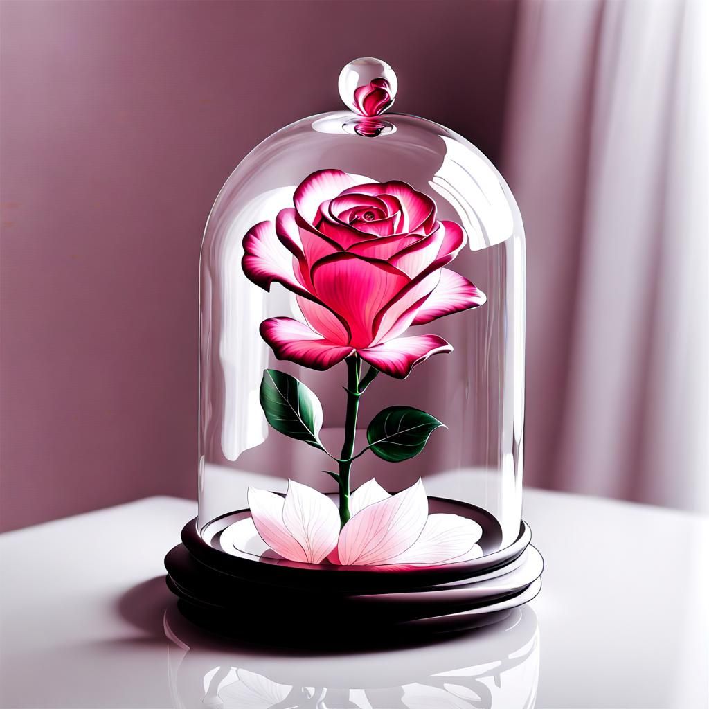 Pink Glass Rose in Dome on White