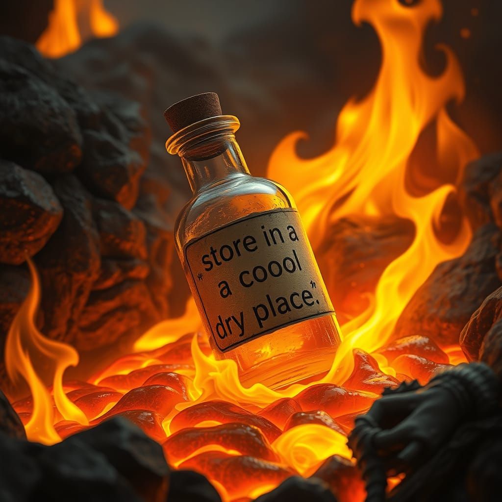 Fantastical Vial Sinks into Dark Lava, in Dystopian Mystical...