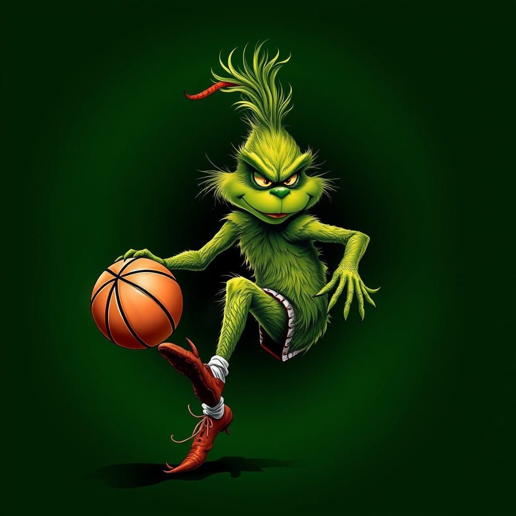The Grinch Dunks in Vibrant, Fractal Basketball Scene