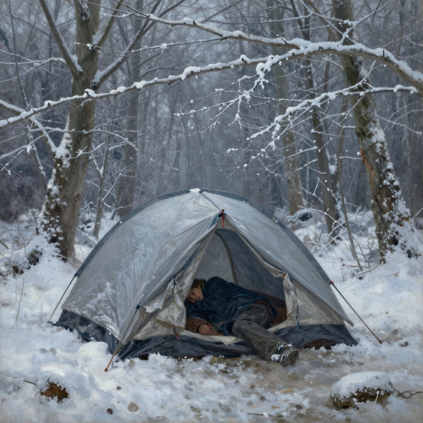 Solitary Figure Sleeps in Tattered Tent in Snowy English For...
