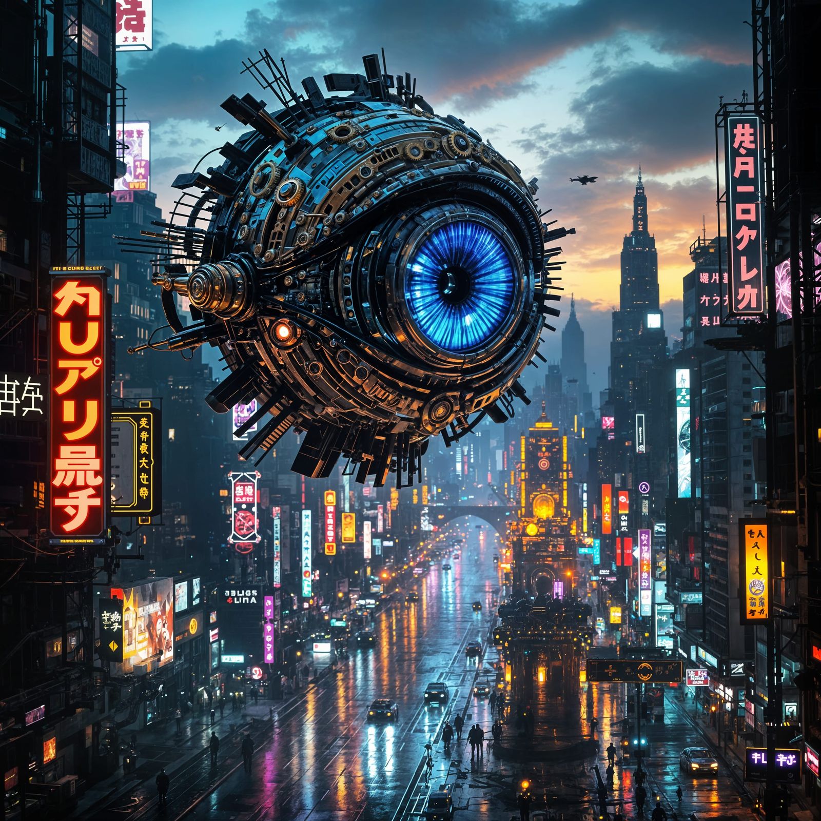 Cyberpunk Eye Over Cityscape in Hyper-Detailed Style