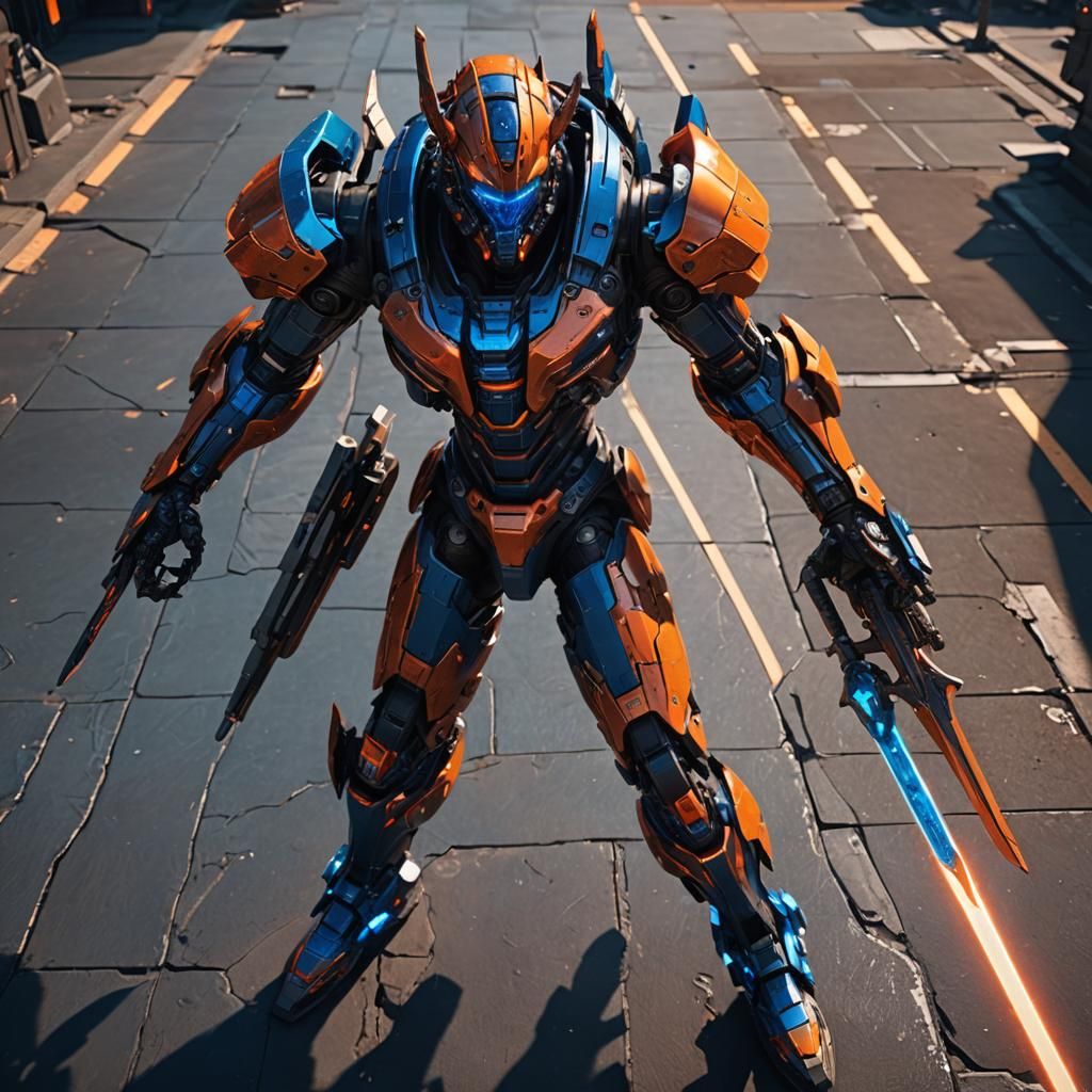 Futuristic Mech Devil Wields Sword in Cyberpunk Style