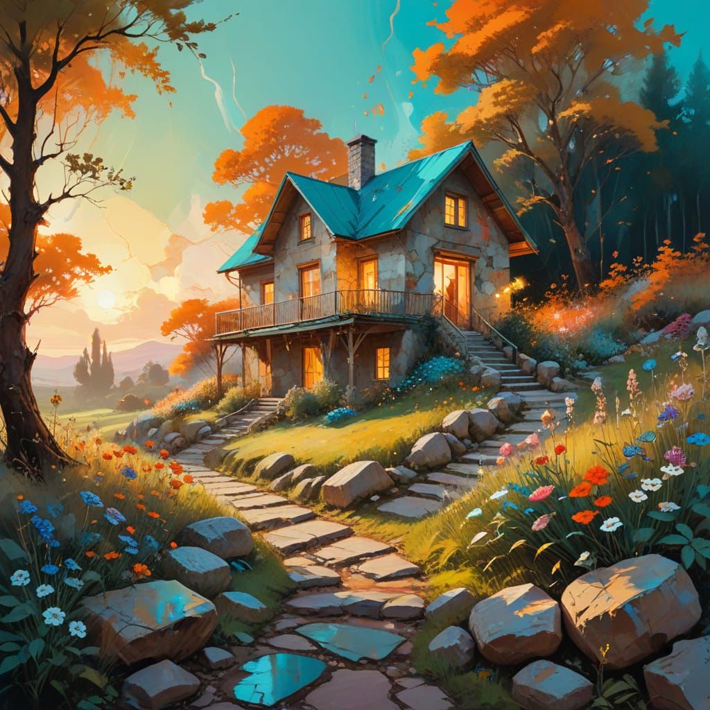Serene Village Scene with Warm Golden Light
