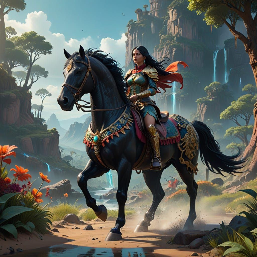 Regal Amazonian Warrior Queen in High-Fantasy Desert Oasis