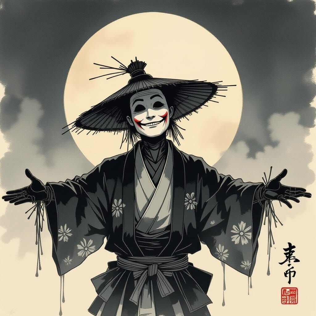 Scarecrow Smiles at Moon in Japanese Ink Art Style