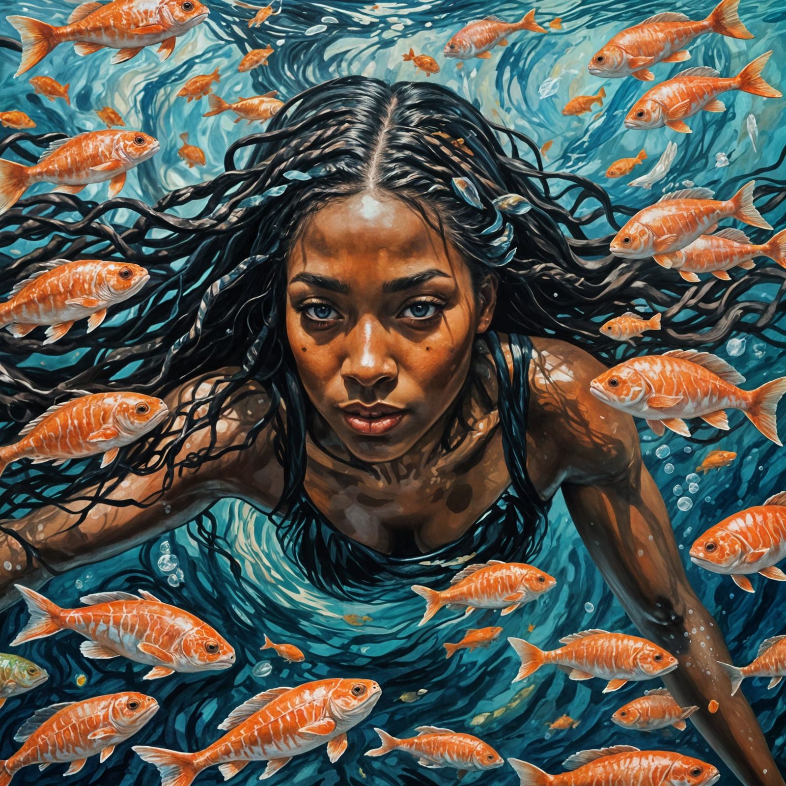 Underwater Impressionism: Ebony Swimmer in Coral Reef