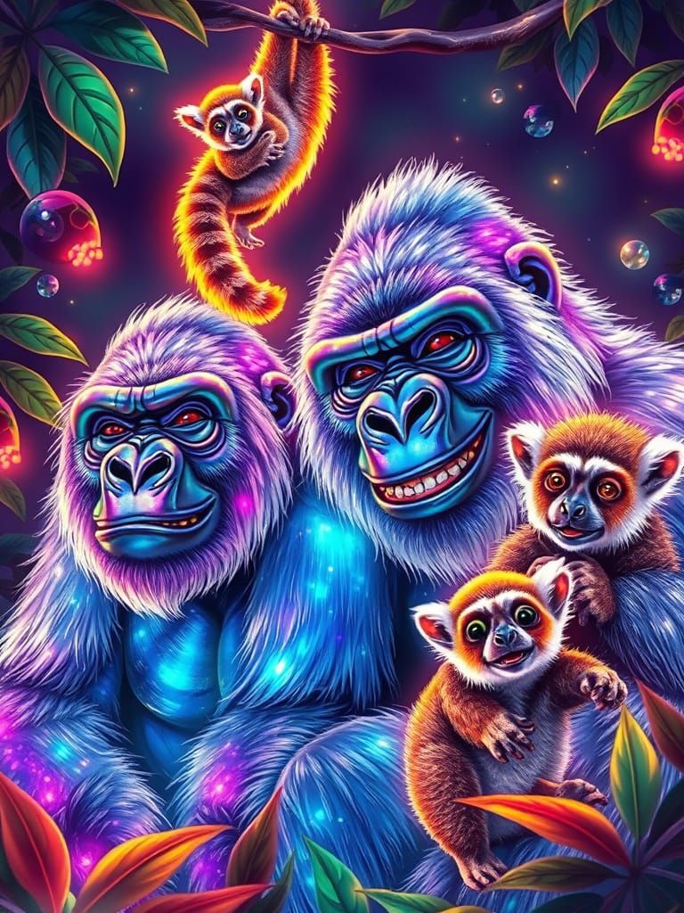 Neon Stained Glass Gorillas and Lemur in Jungle