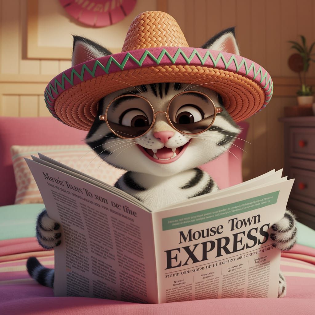 Cartoon Kitten Reading Newspaper in Pixar Style