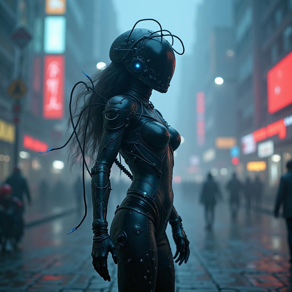 Woman in Locust Exosuit in Dark Biomechanical Style