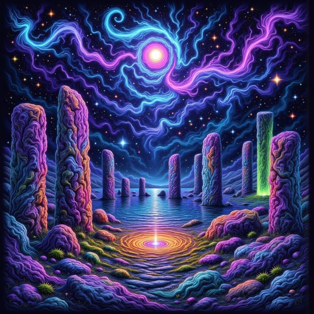 Neon Bioluminescent Abstract Art Inspired by Newgrange Stone...